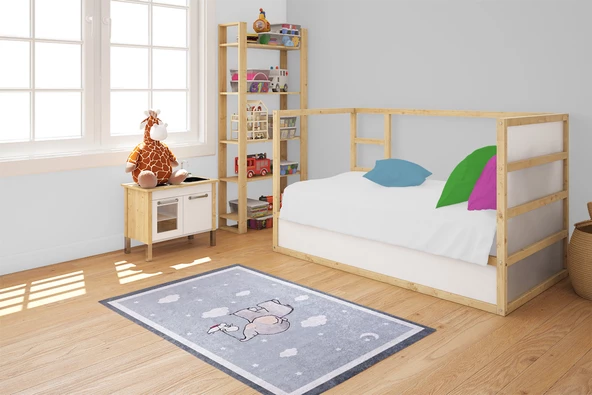 Çocuk Halısı ve Bebek Halısı Yıkanabilir Kaymaz Taban Figürlü Gri Dijital Baskı Halı HC028 - 4