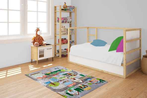 Çocuk Halısı ve Bebek Halısı Yıkanabilir Kaymaz Taban Araba Figürlü Gri Dijital Baskı Halı HC030 - 5