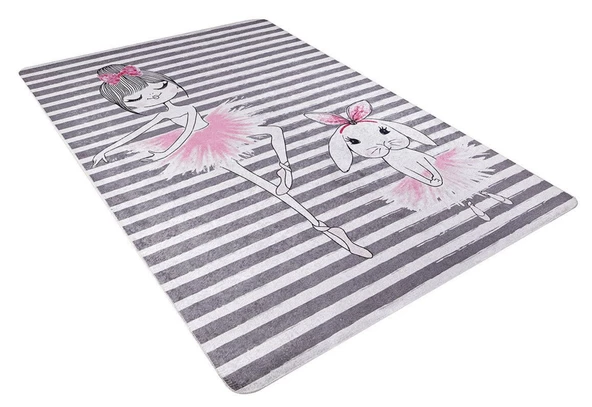 Çocuk Halısı ve Bebek Halısı Yıkanabilir Kaymaz Taban Figürlü Gri Pembe Dijital Baskı Halı HC035 - 3