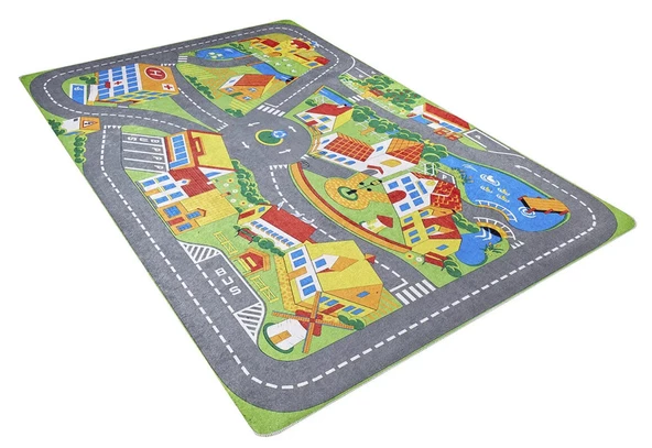 Çocuk Halısı ve Bebek Halısı Yıkanabilir Kaymaz Taban Figürlü Gri Renkli Dijital Baskı Halı HC040 - 3