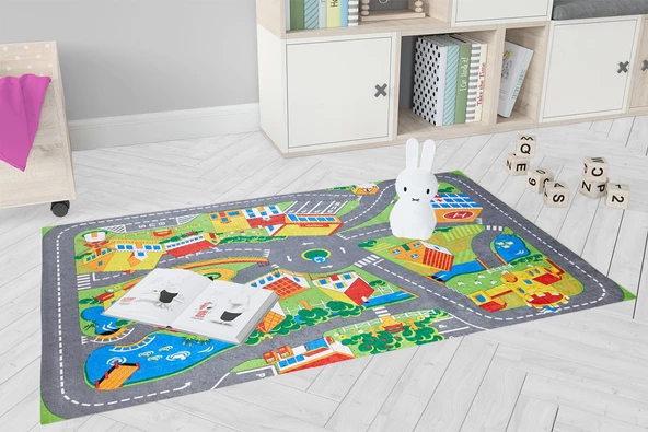 Çocuk Halısı ve Bebek Halısı Yıkanabilir Kaymaz Taban Figürlü Gri Renkli Dijital Baskı Halı HC040 - 6