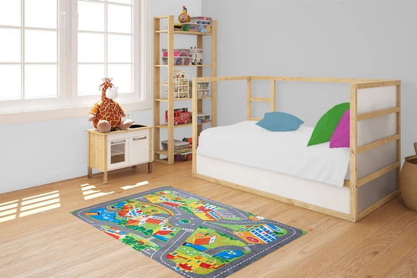 Çocuk Halısı ve Bebek Halısı Yıkanabilir Kaymaz Taban Figürlü Gri Renkli Dijital Baskı Halı HC040 - 5