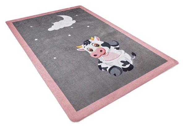 Çocuk Halısı ve Bebek Halısı Yıkanabilir Kaymaz Taban Figürlü Gri Pembe Dijital Baskı Halı HC044   - 3