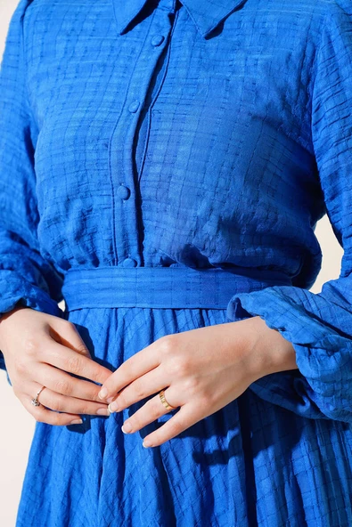 Patlı Kabartma Desenli Elbise Saks - Resim 4