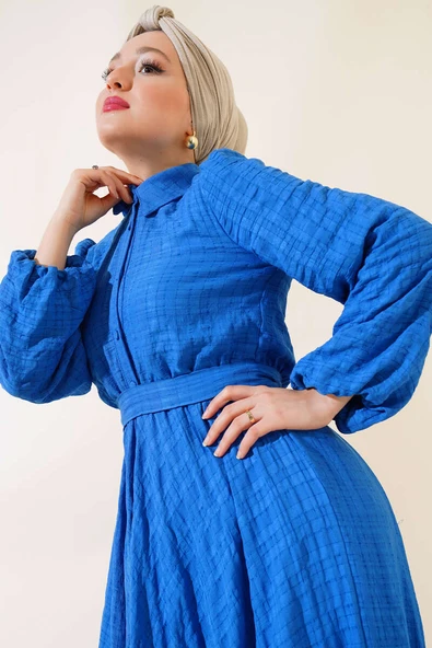 Patlı Kabartma Desenli Elbise Saks - Resim 2