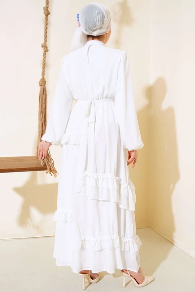 Ponpon Detaylı Elbise Beyaz - 3