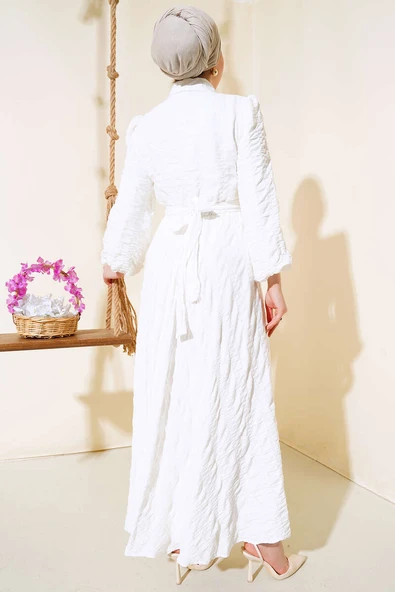 Patlı Kabartma Desenli Elbise Ekru - Resim 3