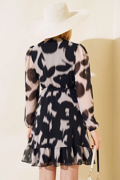 Kruvaze Yaka Uzun Kol Tül Elbise Siyah - Resim 3