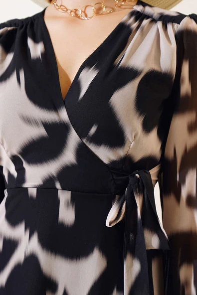 Kruvaze Yaka Uzun Kol Tül Elbise Siyah - Resim 4