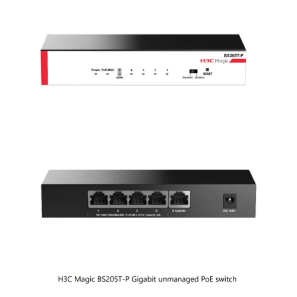 H3C Magic BS205T-P, 5 Port, GigaBit, 4 Port PoE, 57W, +1 Port GigaBit Uplink, Metal Kasa, Yönetilemez, Masaüstü Switch