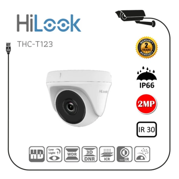 HILOOK THC-T123-M  2Mpix 30Mt Gece Görüsü, 2,8mm Lens, Metal Kasa, Dome Kamera
