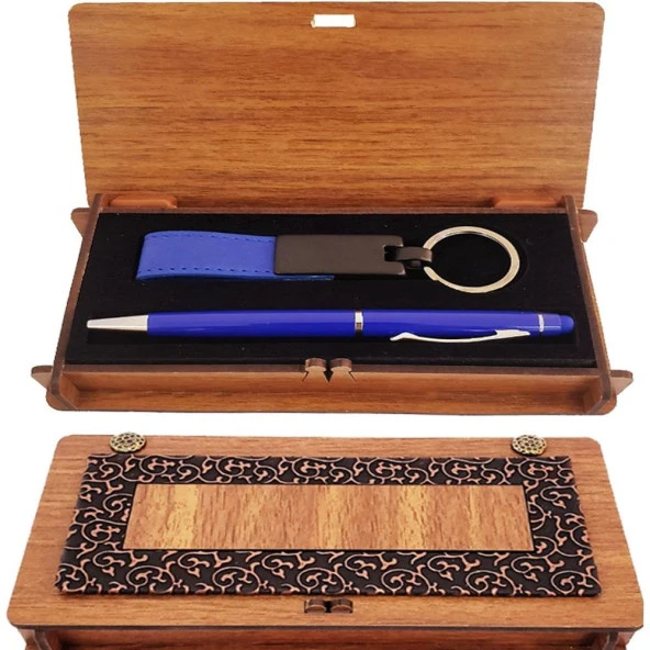 Ahşap Kutulu Koyu Mavi Kalem Ve Anahtarlık Set ürün görseli