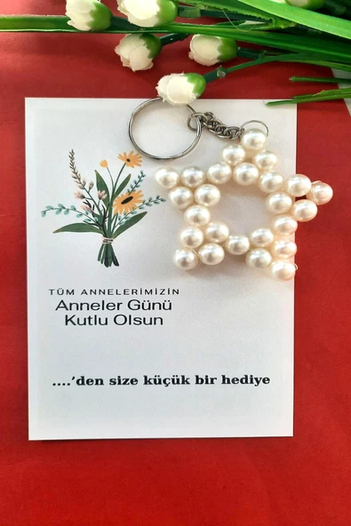 20 Adet Çiçek Buketi Kartlı İnci Yıldız Anahtarlık - Anneler Günü Hediyesi - 4