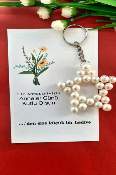 20 Adet Çiçek Buketi Kartlı İnci Yıldız Anahtarlık - Anneler Günü Hediyesi - 3