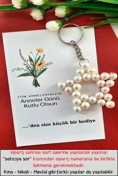20 Adet Çiçek Buketi Kartlı İnci Yıldız Anahtarlık - Anneler Günü Hediyesi