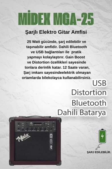 Midex MGA-25BN-HD Elektro Gitar Amfisi 25 Watt USB Bluetooth ve Şarjlı (Amfi Kulaklık ve Jack Kablo) - Resim 2