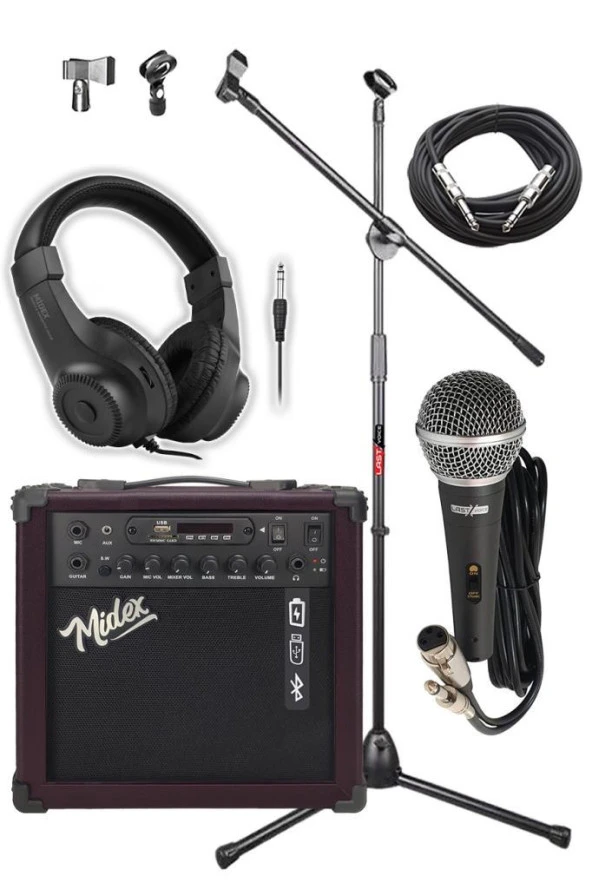 Midex MGA-25BN-PAK Elektro Gitar Amfisi 25 Watt USB Bluetooth ve Şarjlı (Amfi Mikrofon Stand Kulaklık Jack Kablo)
