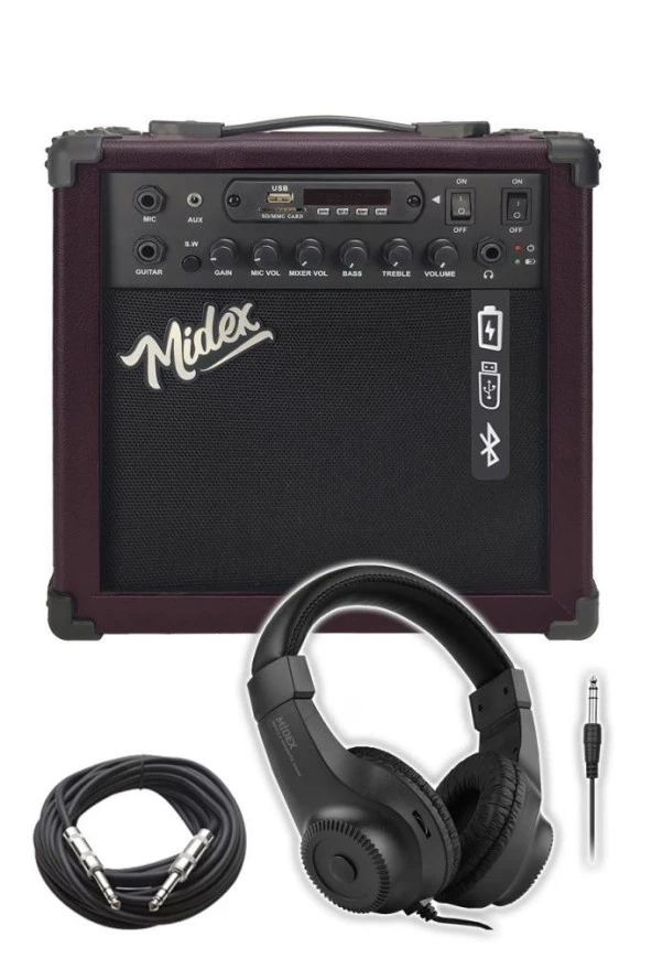 Midex MGA-25BN-HD Elektro Gitar Amfisi 25 Watt USB Bluetooth ve Şarjlı (Amfi Kulaklık ve Jack Kablo)