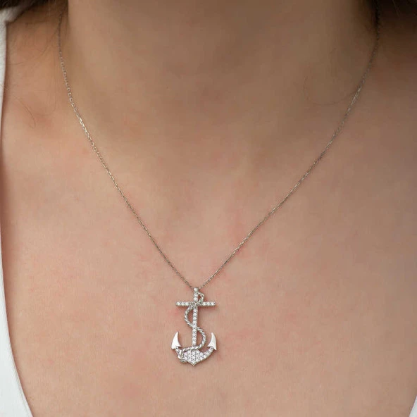925 Ayar Gümüş Deniz Çapası Kadın Gümüş Kolye - Resim 2