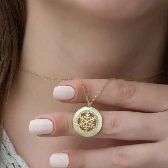 925 Ayar Gümüş Gold Kar Tanesi Kadın Gümüş Kolye - Resim 2