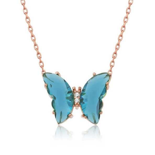 925 Ayar Gümüş Rose Turkuaz Cam Kelebek Kolye ürün görseli 1