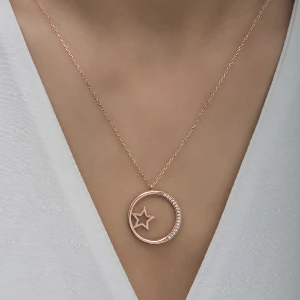 925 Ayar Gümüş Yıldız Detaylı Halka Kadın Gümüş Kolye - Resim 3