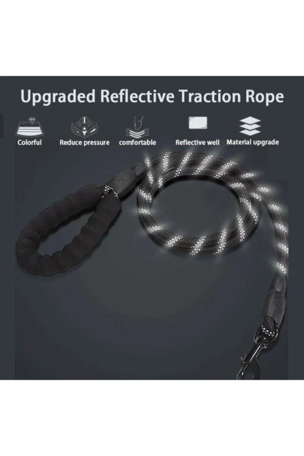 Köpekler İçin Gezdirme Tasması Reflektörlü 130 cm Halat Orta ve Büyük Boy Köpekler İçin Siyah - 3