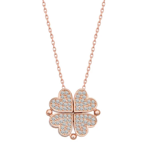 925 Ayar Gümüş Rose Kalpli Açılabilen Yonca Kadın Kolye ürün görseli 1