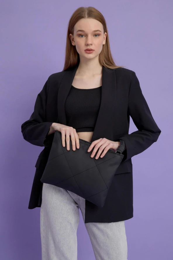 Kadın Siyah Deri Kapitone Clutch El Çantası - 4