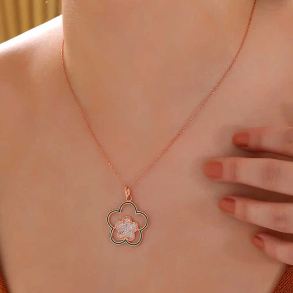 925 Ayar ​Gümüş Rose Çiçek Desenli Kadın Kolye - Resim 2