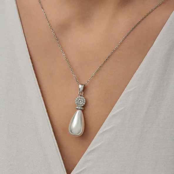 925 Ayar Gümüş Damla İnci Kadın Kolye - Resim 5