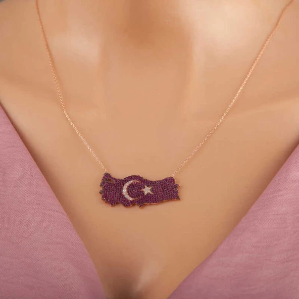 925 Ayar Gümüş Rose Ay Yıldız Türkiye Haritası Kadın Kolye ürün görseli 1