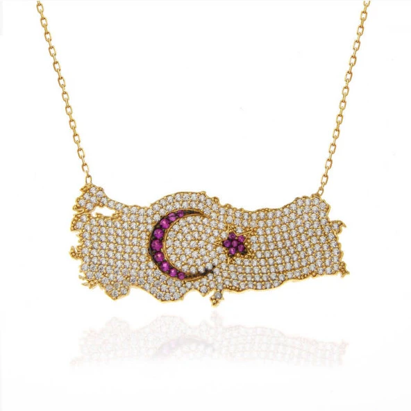 925 Ayar Gümüş Gold Ay Yıldız Türkiye Haritası Kadın Kolye - Resim 3