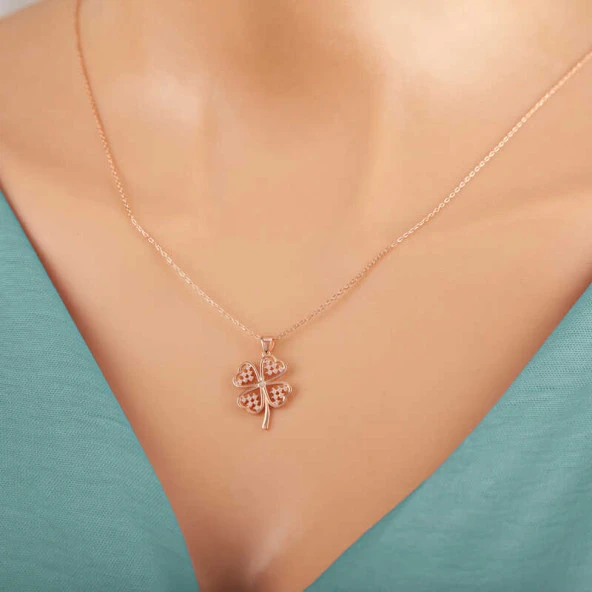 925 Ayar Gümüş Rose Kalpli Dört Yapraklı Yonca Kadın Kolye - Resim 4