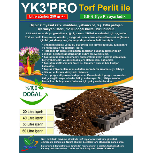 60 LT YK3PRO Perlit ile Torf. Bitki, Çiçek, Sebze, Tohumu Torf, Toprak - 3