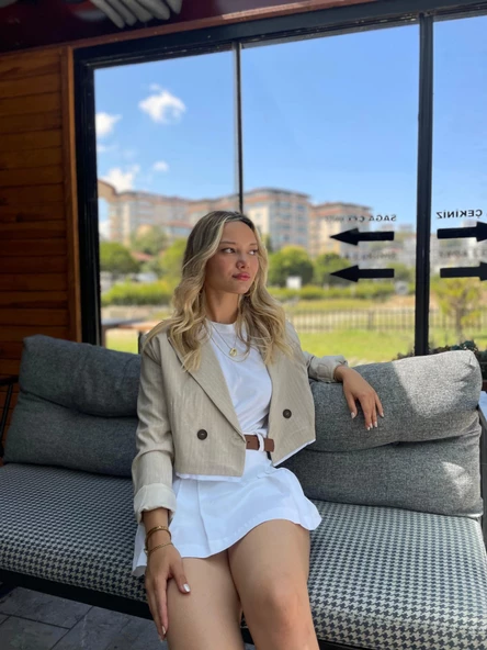 Kadın Çizgili Eteği Bej Garnili Ceket - Resim 3