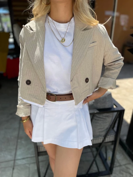 Kadın Çizgili Eteği Bej Garnili Ceket - Resim 4