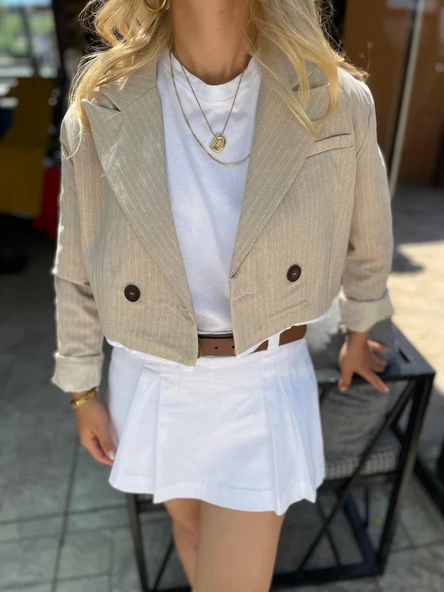 Kadın Çizgili Eteği Bej Garnili Ceket - Resim 2