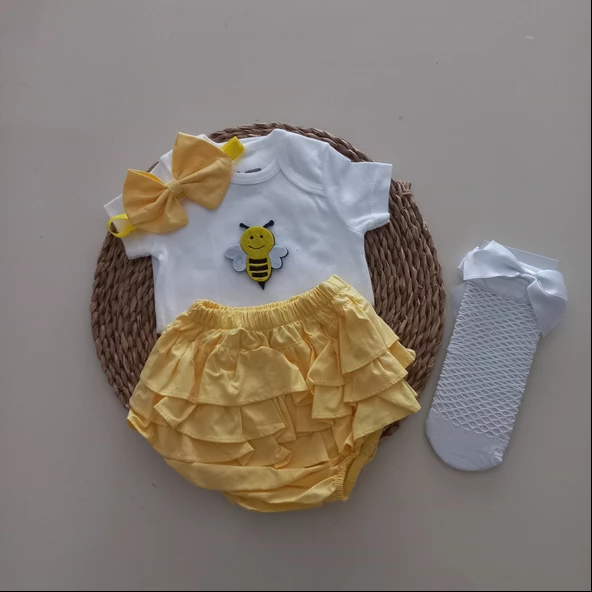 MARS BABY Kız Bebek Sarı Arılı Fırfır Şort Etek Bodyli Beyaz File Takımı ürün görseli 1