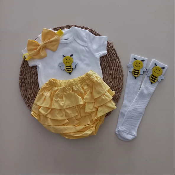 MARS BABY Kız Bebek Sarı Arılı Fırfır Şort Etek Bodyli Çorap Takımı