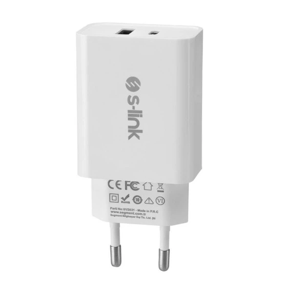 S-link SL-EC60 20W PD3.0/Quick Charge QC3.0 Type USB-C +USB A Hızlı Beyaz Ev Şarj Adaptör - 5