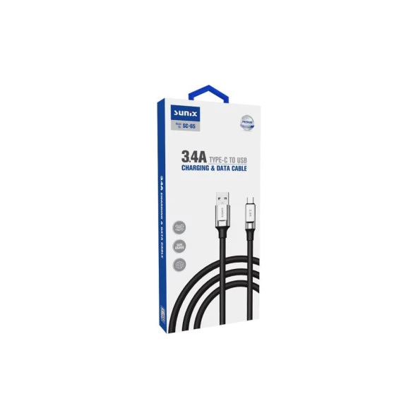 Sunix 3.4A Type-C Şarj ve Data Kablosu Siyah SC-65 - 3