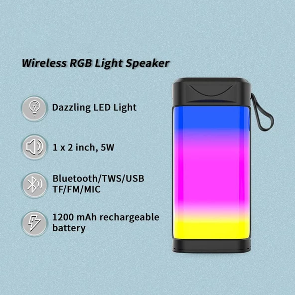 Usb Şarjlı Renkli LED Işıklı 1200 mAh 5W Portatif Müzik Sistemli Mini El Tipi Hoparlör - 3