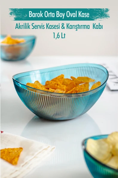 Akrilik Barok Aquamarin Orta Boy Oval Meyve & Salata Kasesi & Karıştırma Kabı / 1,6 Lt  (CAM DEĞİLDİR) - 1