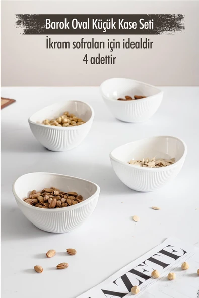 Akrilik Barok Beyaz Oval 4'lü Küçük Kase Seti & Çerezlik & Sunumluk & İkramlık (Cam Değildir) ürün görseli 1