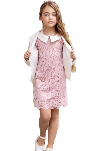 Kız Çocuk Sahte Cepli Blazer Ceket Dantelli Çiçek Işlemeli Bebe Yakalı Pembe Elbise ürün görseli