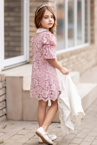 Kız Çocuk Sahte Cepli Blazer Ceket Dantelli Çiçek Işlemeli Bebe Yakalı Pembe Elbise - Resim 8