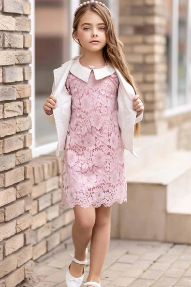 Kız Çocuk Sahte Cepli Blazer Ceket Dantelli Çiçek Işlemeli Bebe Yakalı Pembe Elbise - Resim 5