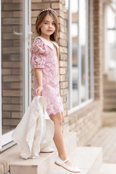 Kız Çocuk Sahte Cepli Blazer Ceket Dantelli Çiçek Işlemeli Bebe Yakalı Pembe Elbise - Resim 7