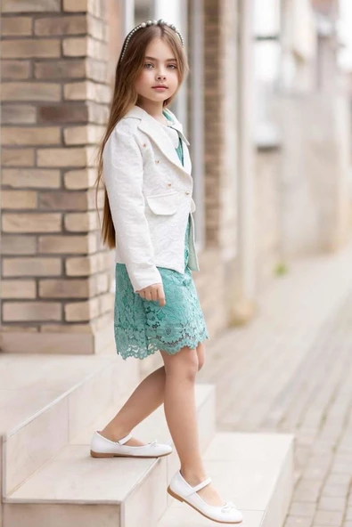 Kız Çocuk Sahte Cepli Blazer Ceket Dantelli Çiçek Işlemeli Bebe Yakalı Yeşil Elbise - 6